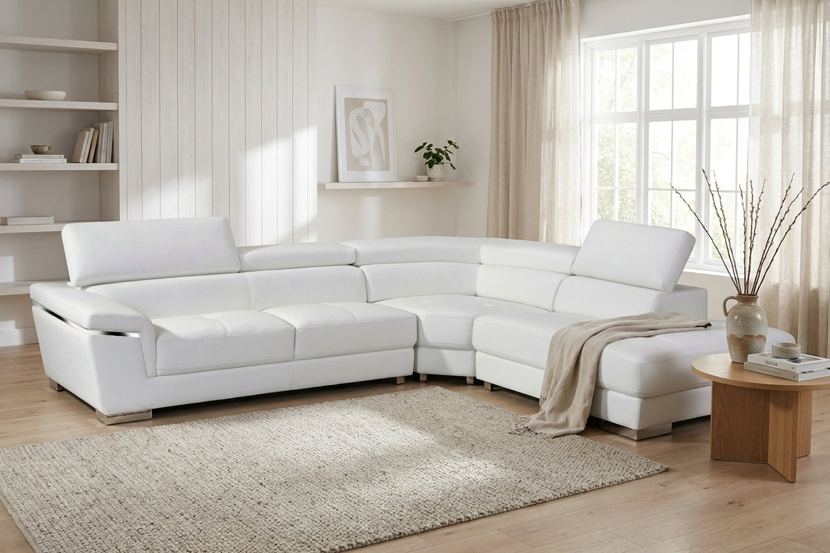 Classic White Sectional with Adjustable Headrests and Chrome Legs