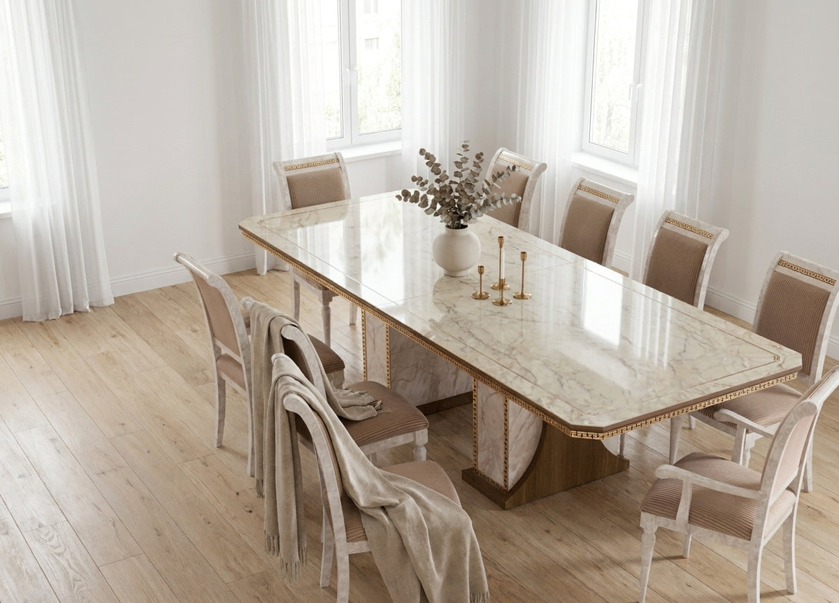 Classic Marble and Gold Dining Table with Extension Leaf and Upholstered Chairs
