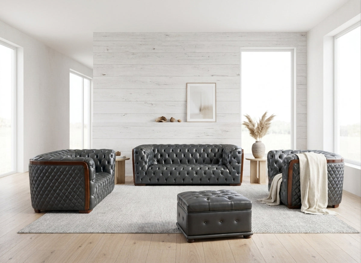Classic Dark Grey Leather Sofa Set with Deep Tufting and Diamond Stitching