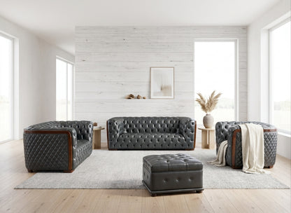 Classic Dark Grey Leather Sofa Set with Deep Tufting and Diamond Stitching