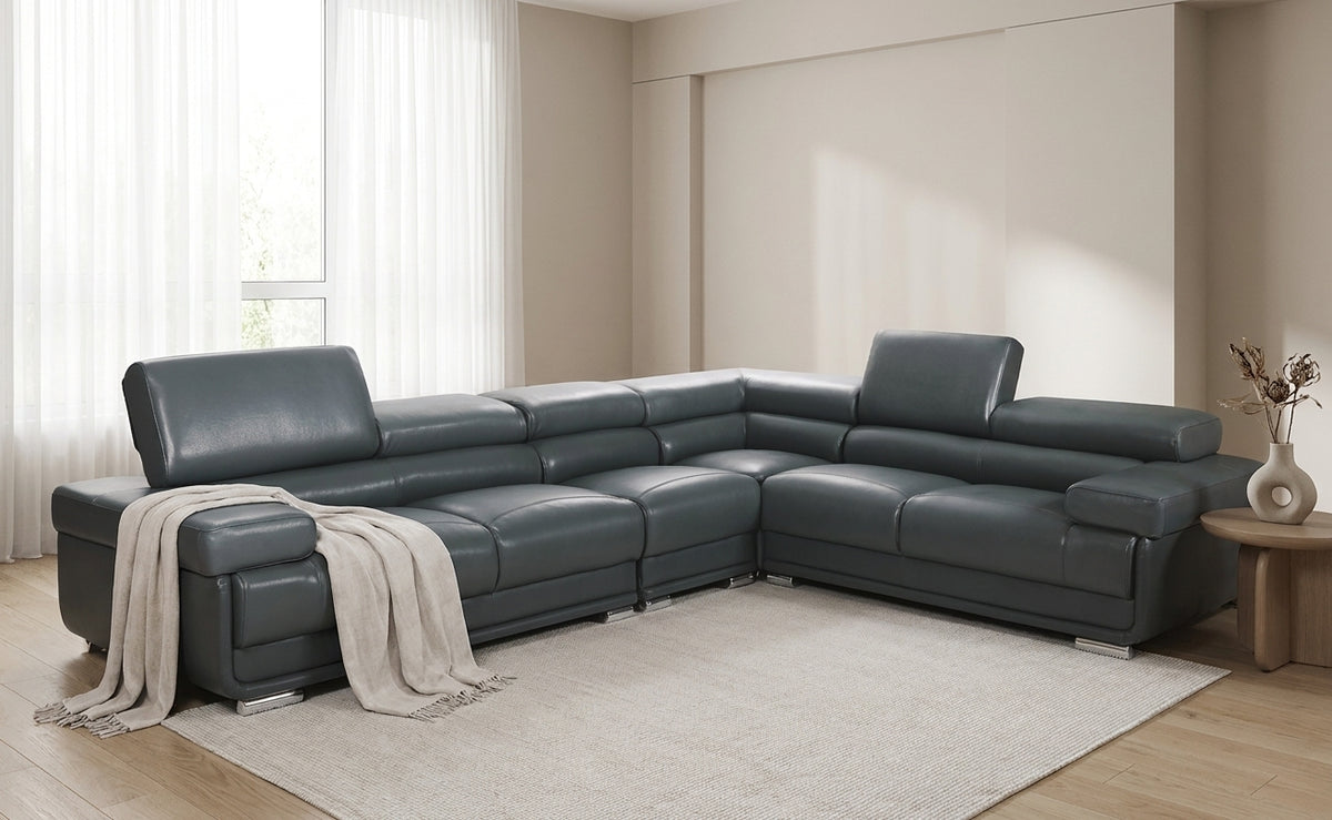 Classic Dark Grey Sectional with Adjustable Headrests and Reversible Accent Chair