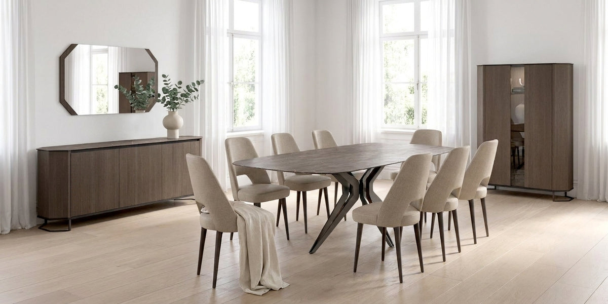 Contemporary Gold Marble Dining Table with Upholstered Chairs and Matching Buffet, Mirror, and Cabinet