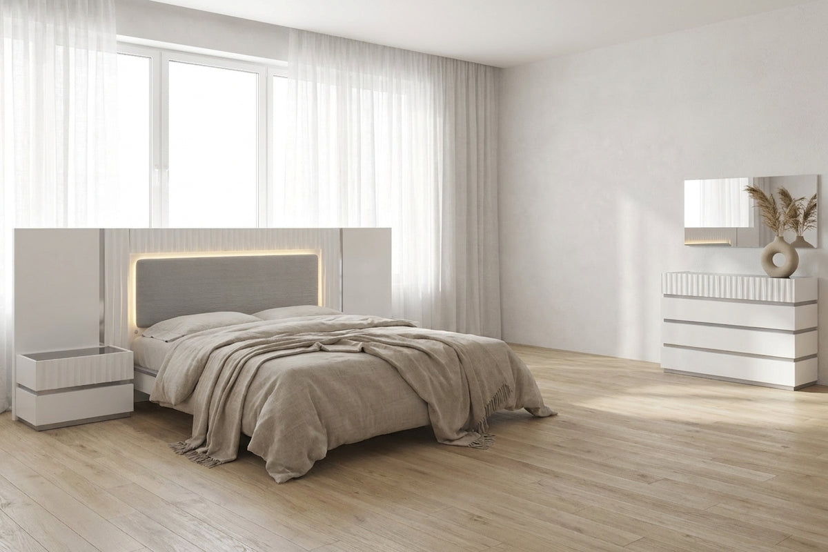 Contemporary White Platform Bedroom Set with Lighted Headboard and Mirrored Dresser