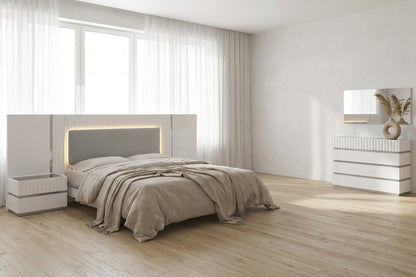 Contemporary White Platform Bedroom Set with Lighted Headboard and Mirrored Dresser