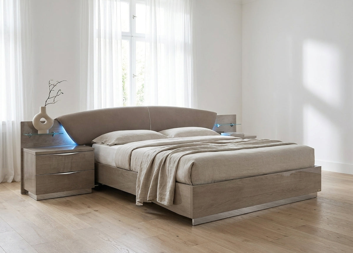 Modern Silver Birch Platform Bed with Upholstered Headboard and Lift Storage