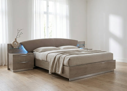 Modern Silver Birch Platform Bed with Upholstered Headboard and Lift Storage