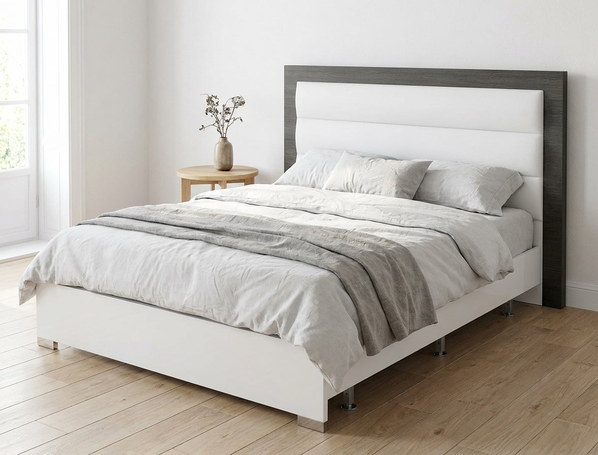 Modern White and Grey Queen Bed with Upholstered Headboard and Wooden Slats Frame