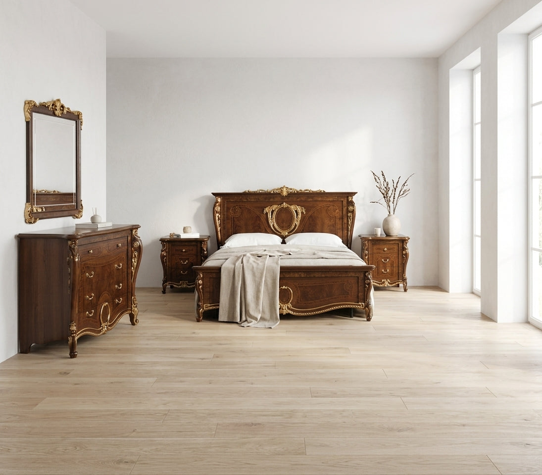 Classic Walnut Queen Bed with Gold Accents and Matching Nightstands