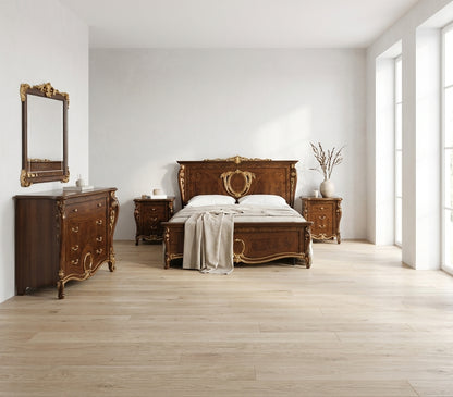 Classic Walnut Queen Bed with Gold Accents and Matching Nightstands