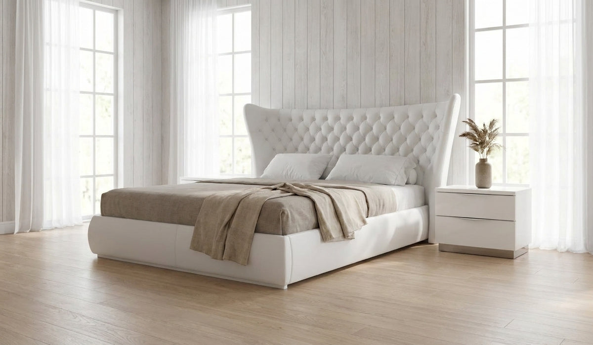 Modern High-Gloss White Bed with Upholstered Headboard and Matching Nightstands
