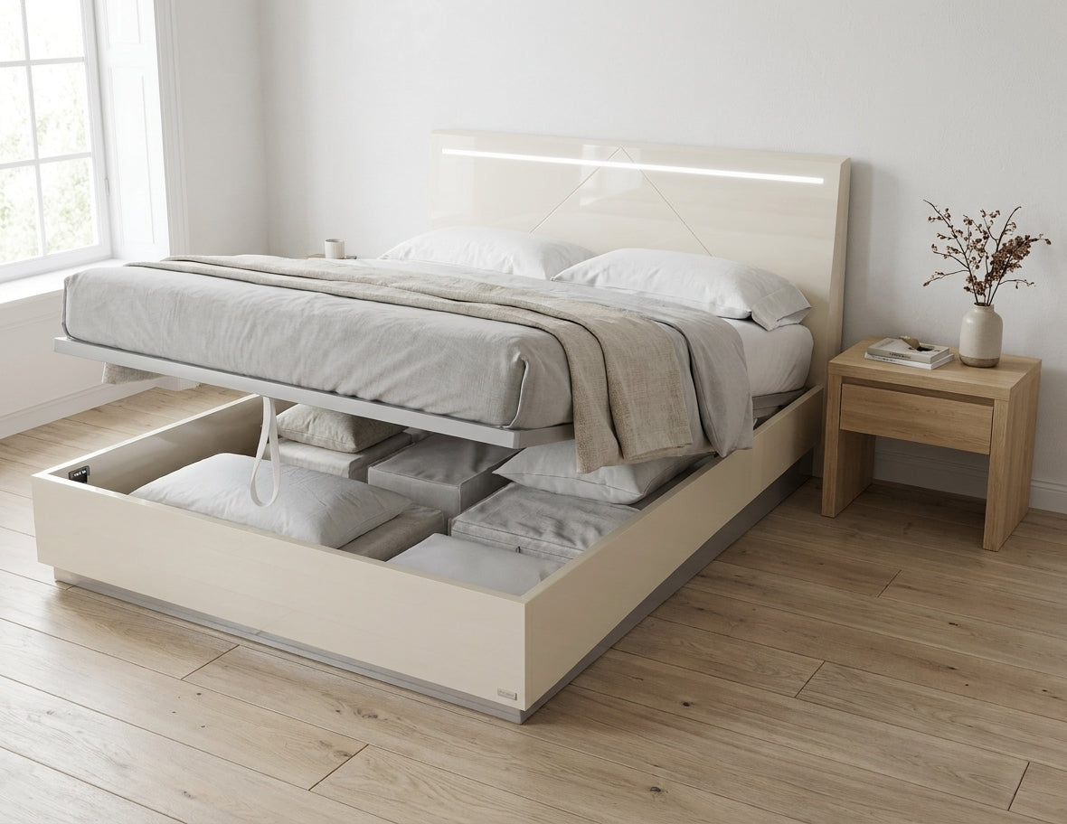 Modern Ivory High-Gloss Queen Bed with Storage Drawer and Integrated Dimmer Lighting