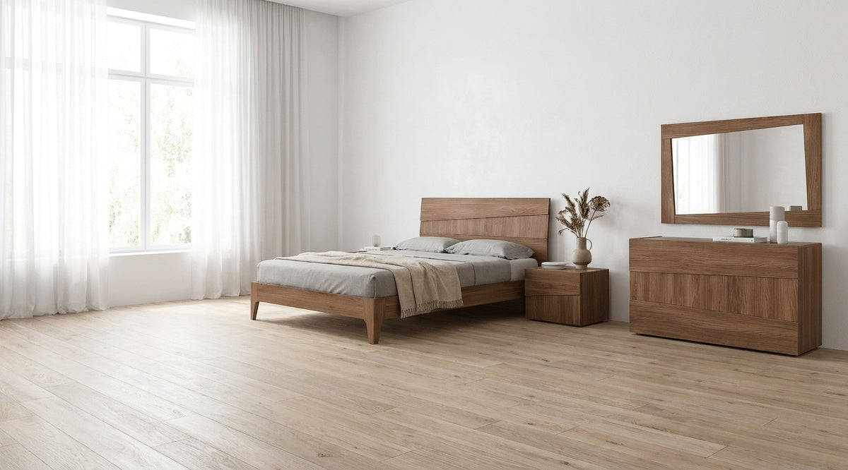 Contemporary Walnut Bedroom Set with Platform Bed and Nightstands