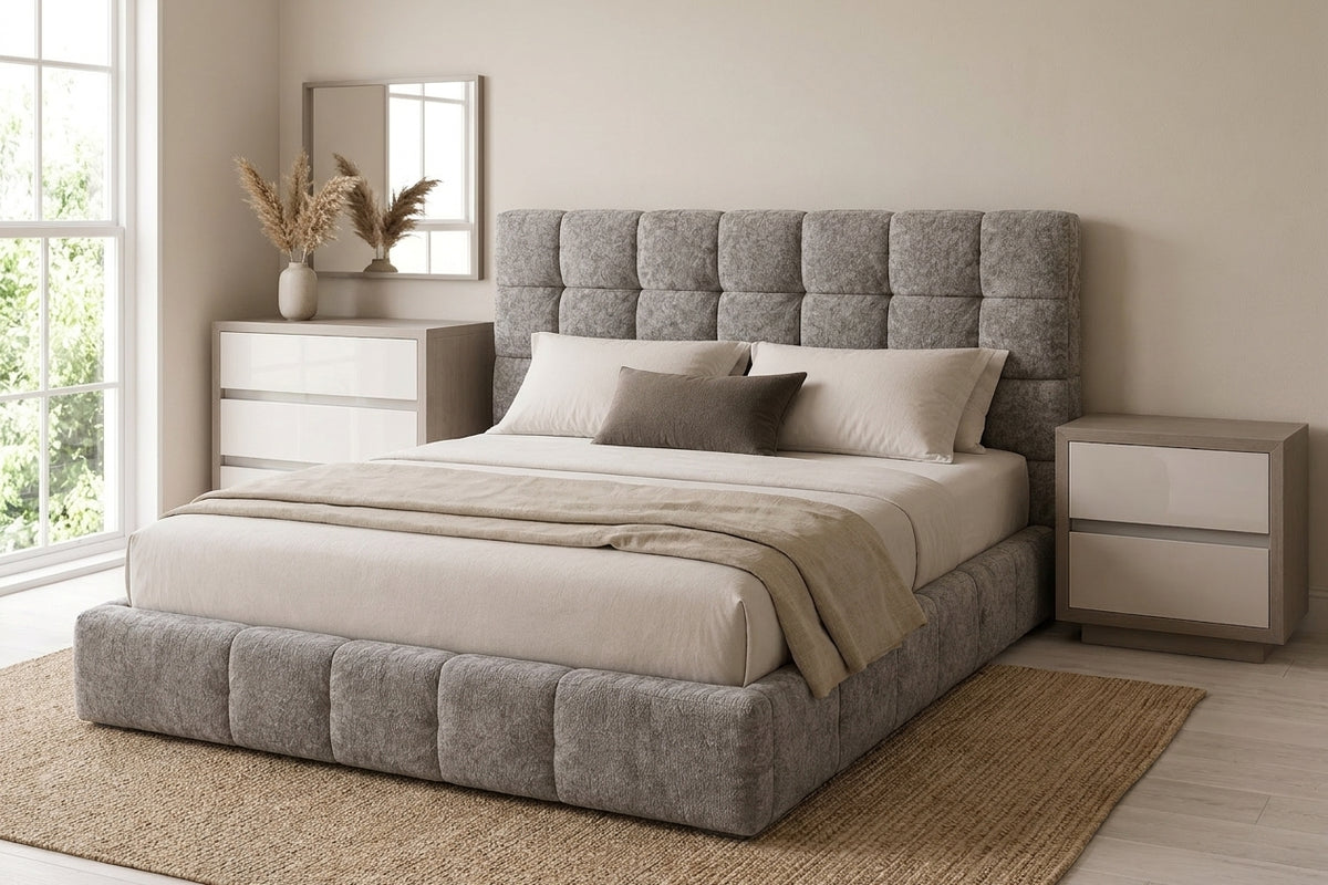Upholstered Grey Queen Bed with Grid-Tufted Headboard and Matching Dresser Set