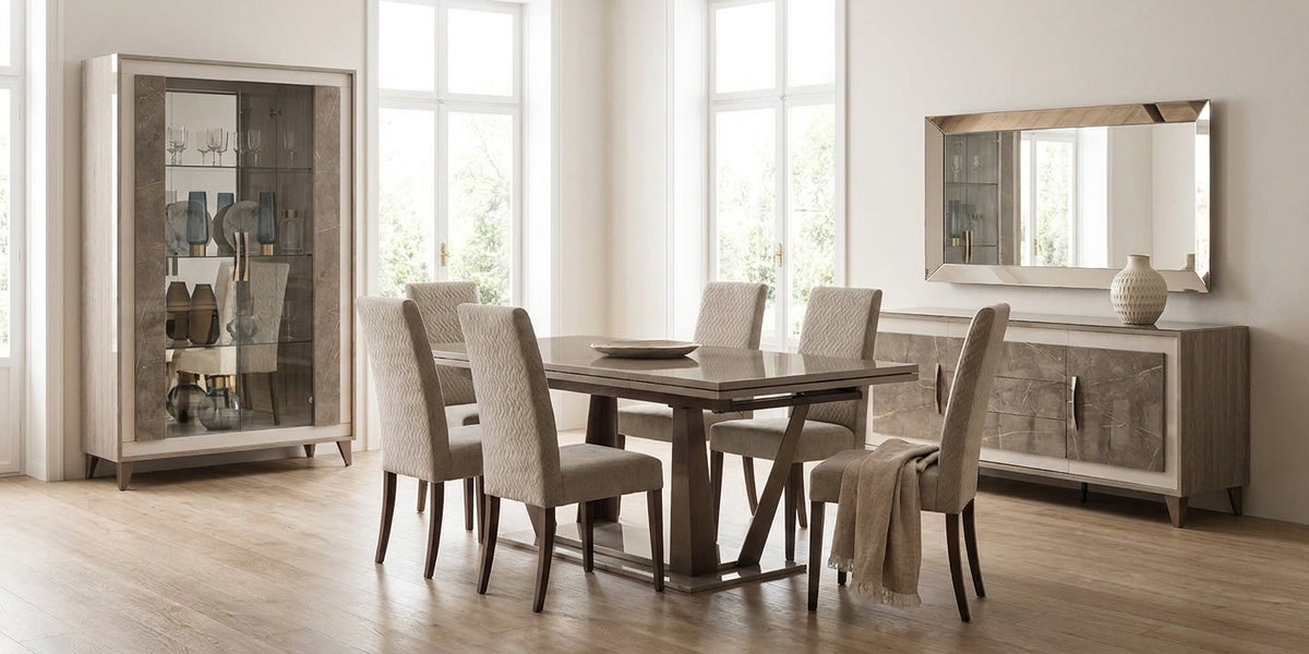 Sleek Glossy Taupe Dining Table with Extension Leaf and Upholstered Chairs