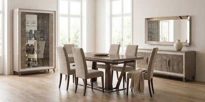 Sleek Glossy Taupe Dining Table with Extension Leaf and Upholstered Chairs