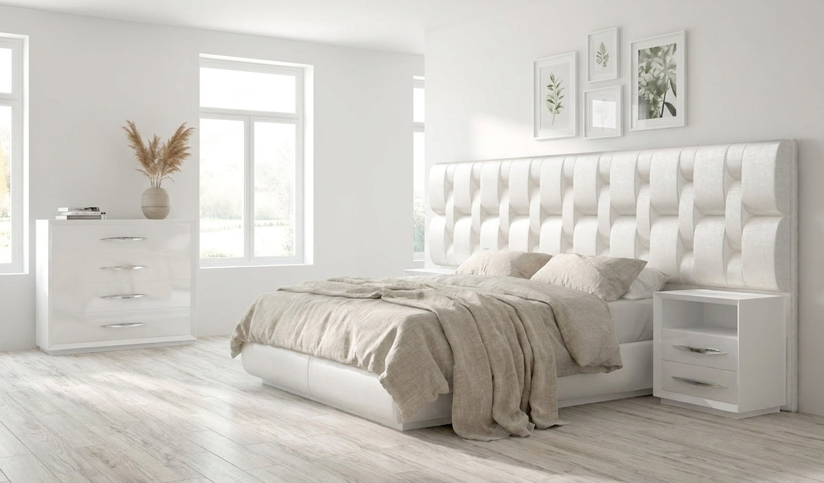 Upholstered White Platform Bed with Matching Nightstands and Dresser