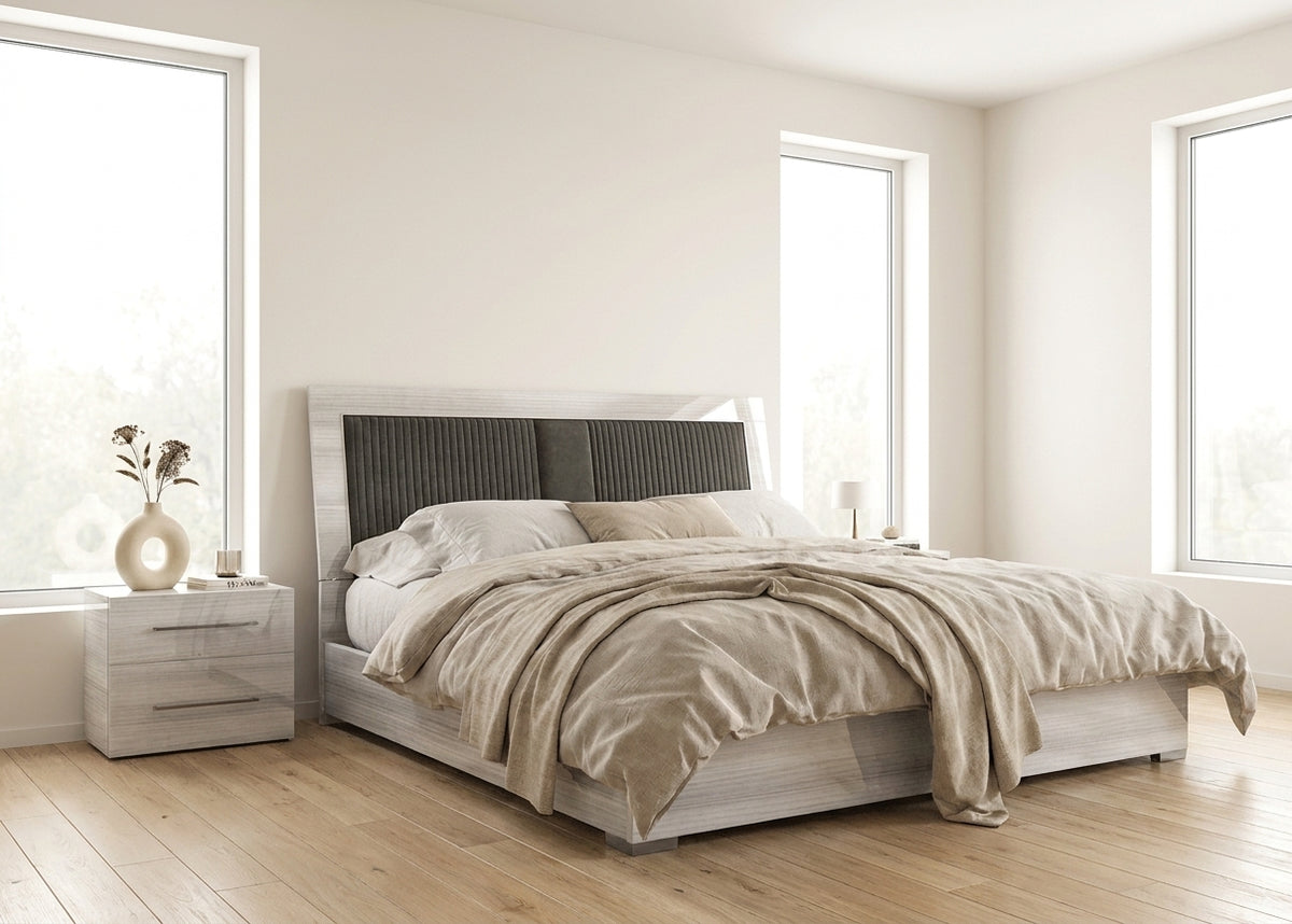 Modern Silver Grey Bedroom Set with Illuminated Upholstered Headboard and Coordinated Storage Pieces