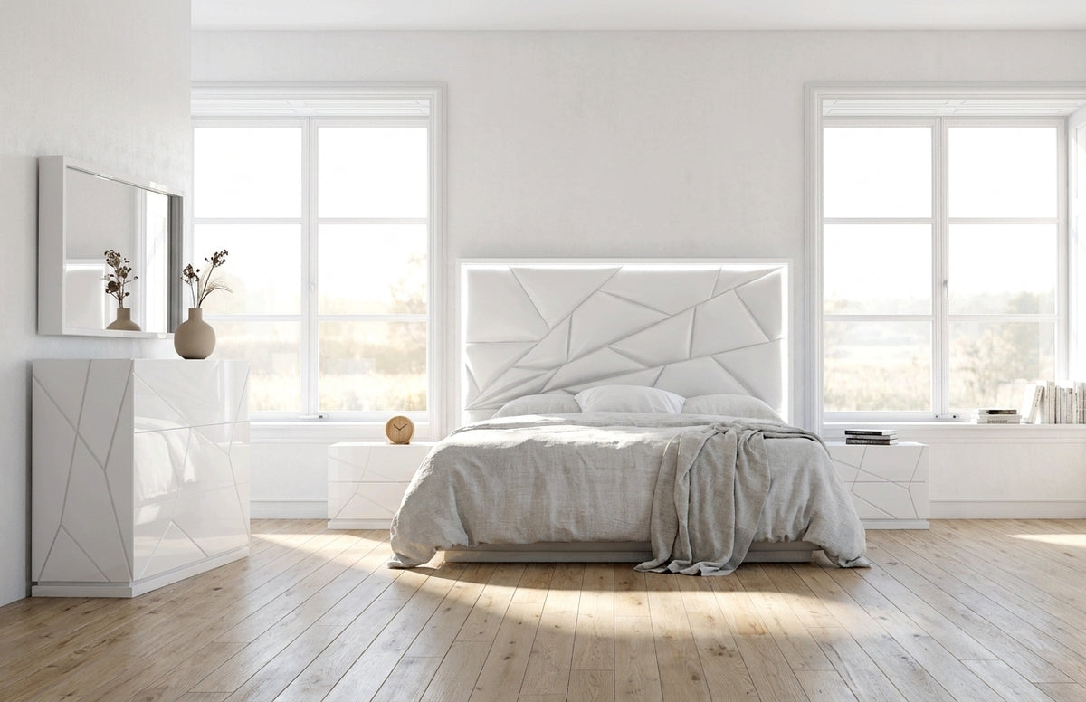 Modern White High-Gloss Bedroom Set with LED Headboard and Dresser Mirror