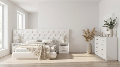 Modern White High-Gloss Queen Bedroom Set with Upholstered Bed Frame and Double Dresser