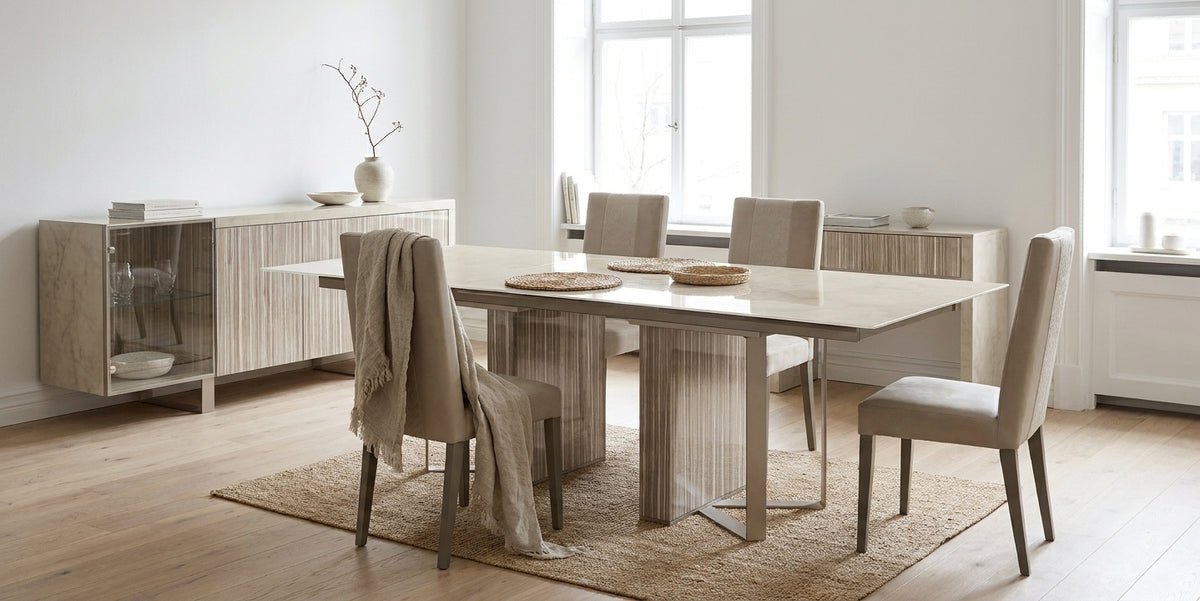 Sleek Ivory Marble-Look Dining Table with Extension Leaf and Matching Buffet