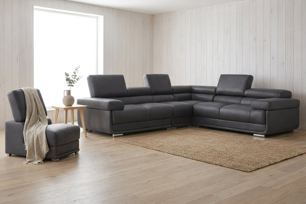 Contemporary Dark Grey Sectional with Adjustable Headrests and Armless Chair
