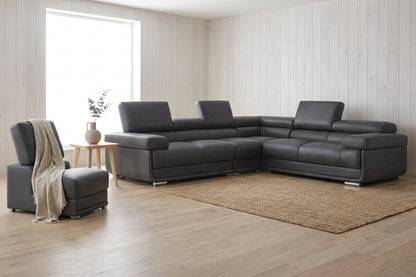 Contemporary Dark Grey Sectional with Adjustable Headrests and Armless Chair
