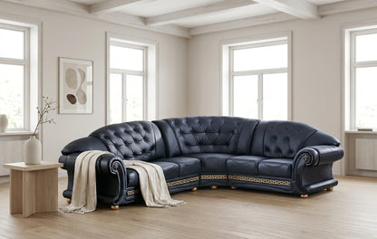 Classic Black Sectional Sofa with Tufted Leather and Medusa Accents