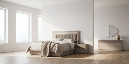 Upholstered Taupe Queen Bedroom Set with Illuminated Headboard and Coordinating Dresser