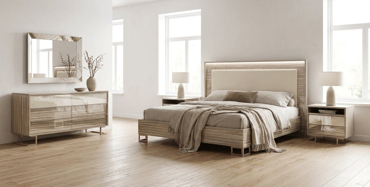 Upholstered Light Wood Queen Bedroom Set with Ambient Lighting and Mirrored Dresser