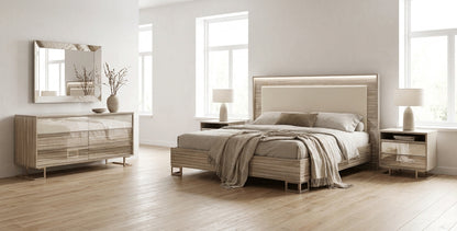Upholstered Light Wood Queen Bedroom Set with Ambient Lighting and Mirrored Dresser
