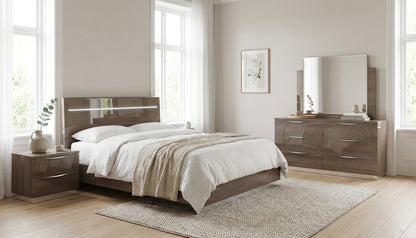 Modern Silver Birch Bed with Integrated Headboard Lighting and Coordinating Dresser