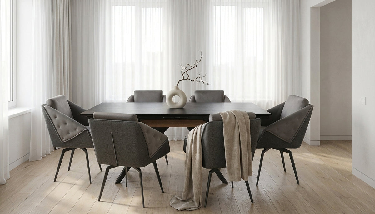 Contemporary Dark Extendable Dining Table with Upholstered Chairs and Metal Legs