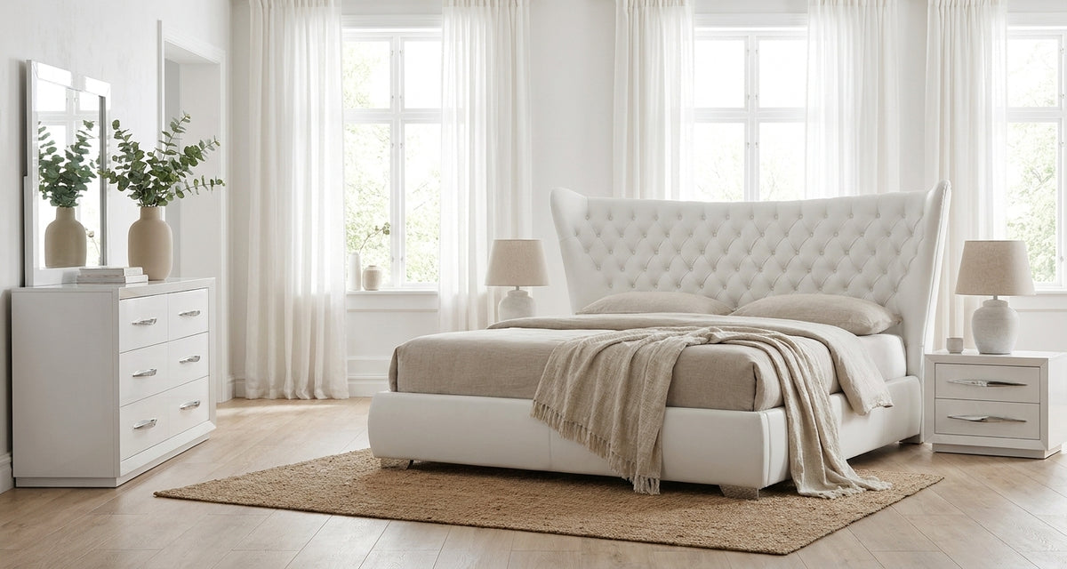 Modern White Queen Bedroom Set with Tufted Upholstered Headboard and High-Gloss Finish