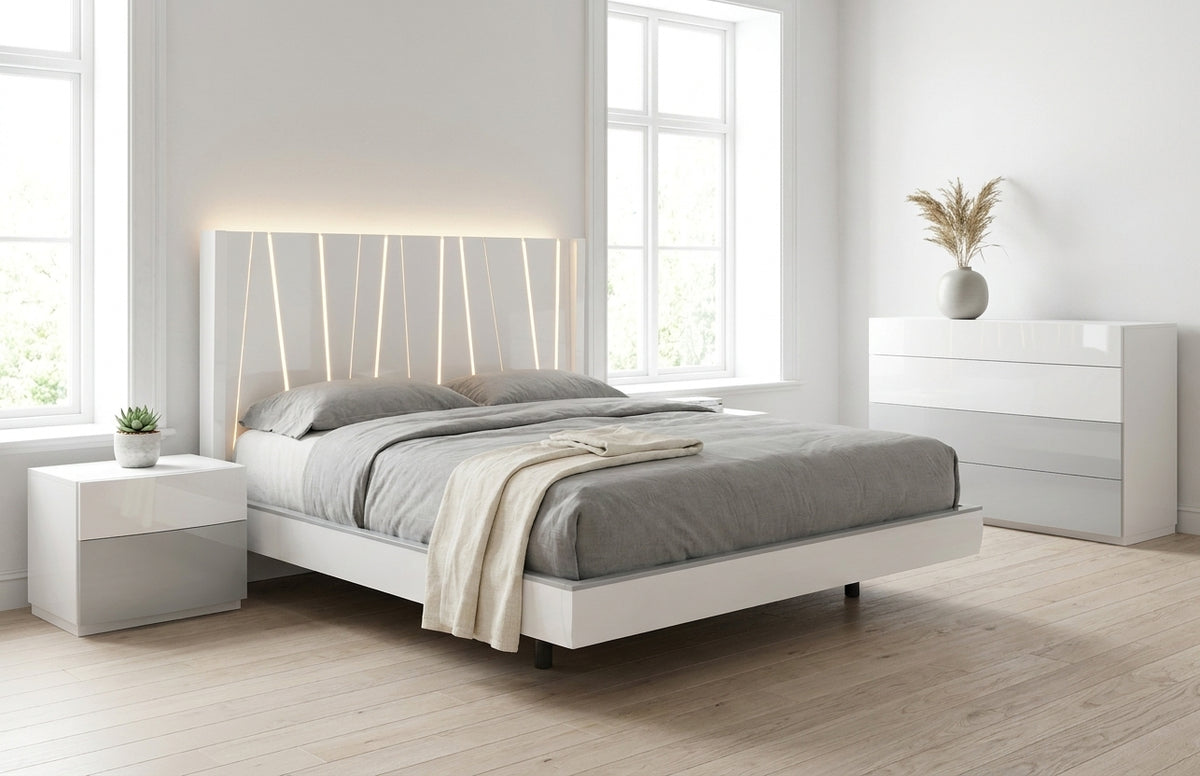 Modern White High-Gloss Queen Bedroom Set with Illuminated Headboard and Mirrored Dresser