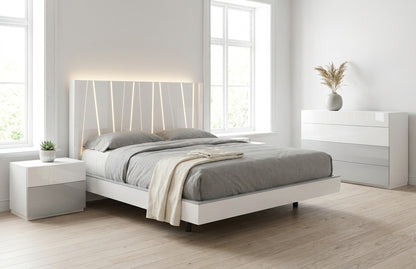 Modern White High-Gloss Queen Bedroom Set with Illuminated Headboard and Mirrored Dresser
