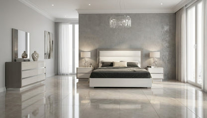 Modern White and Brownish-Grey Queen Bedroom Set with High-Gloss Finish and Upholstered Headboard