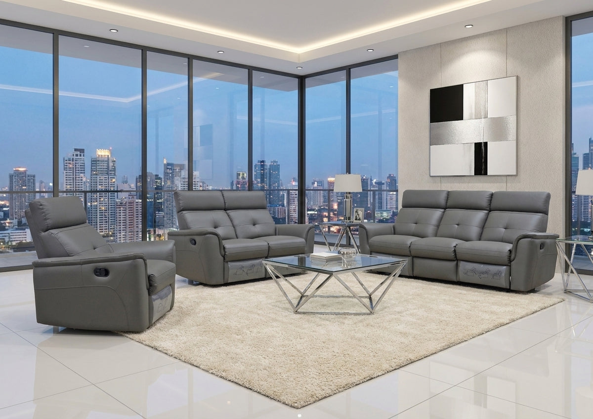 Classic Dark Grey Reclining Living Room Set with Manual Recliners and Italian Leather Upholstery