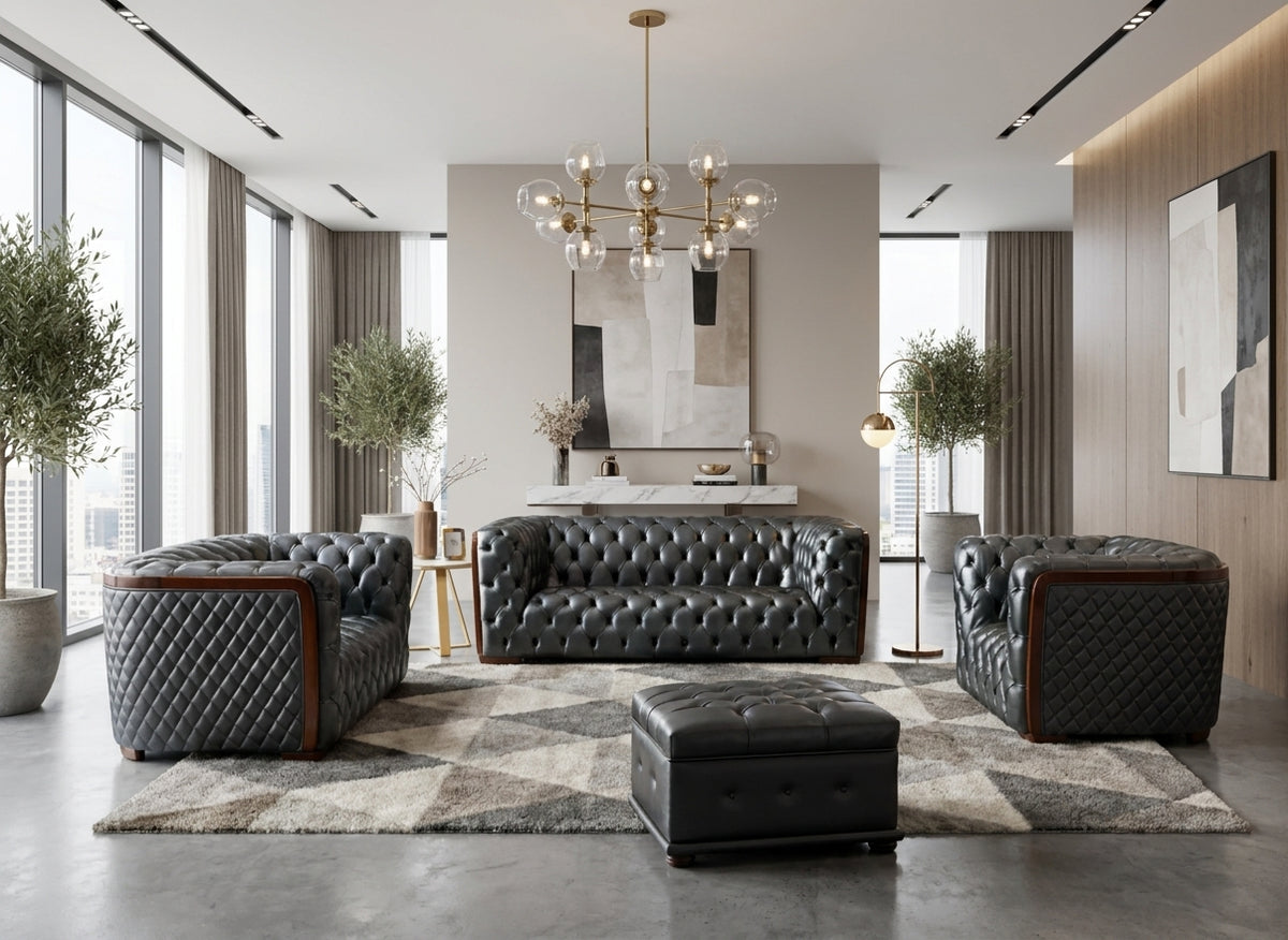 Classic Dark Grey Leather Sofa Set with Deep Tufting and Diamond Stitching