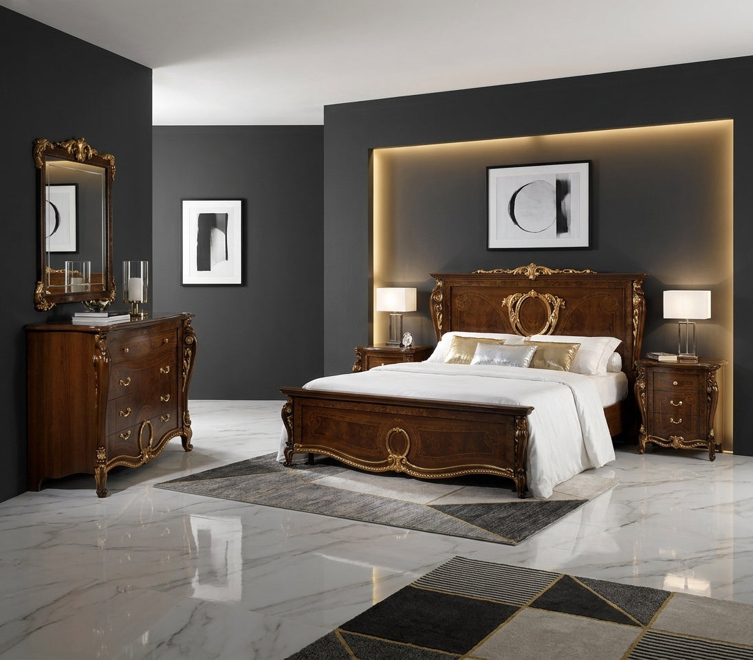 Classic Walnut Queen Bed with Gold Accents and Matching Nightstands