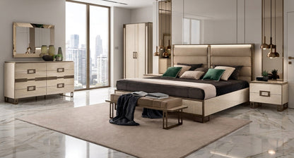 Upholstered Beige Queen Bedroom Set with LED Headboard and Mirrored Dresser
