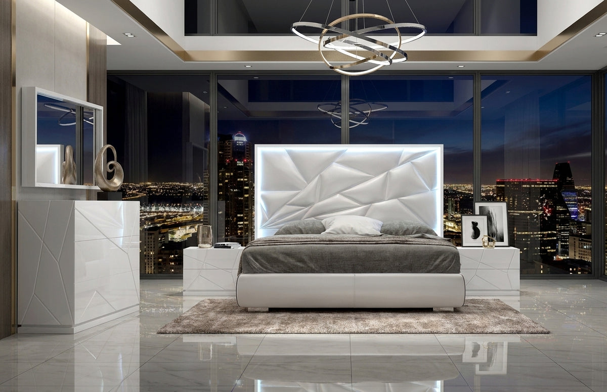 Modern White High-Gloss Bedroom Set with LED Headboard and Dresser Mirror