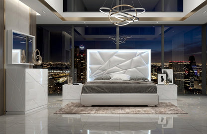 Modern White High-Gloss Bedroom Set with LED Headboard and Dresser Mirror