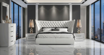 Modern White Queen Bedroom Set with Tufted Upholstered Headboard and High-Gloss Finish