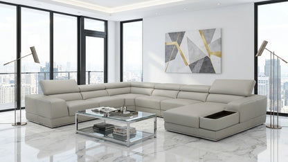 Modern Light Grey Leather Sectional with Adjustable Headrests and Storage Chaise