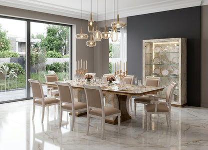 Classic Marble and Gold Dining Table with Extension Leaf and Upholstered Chairs