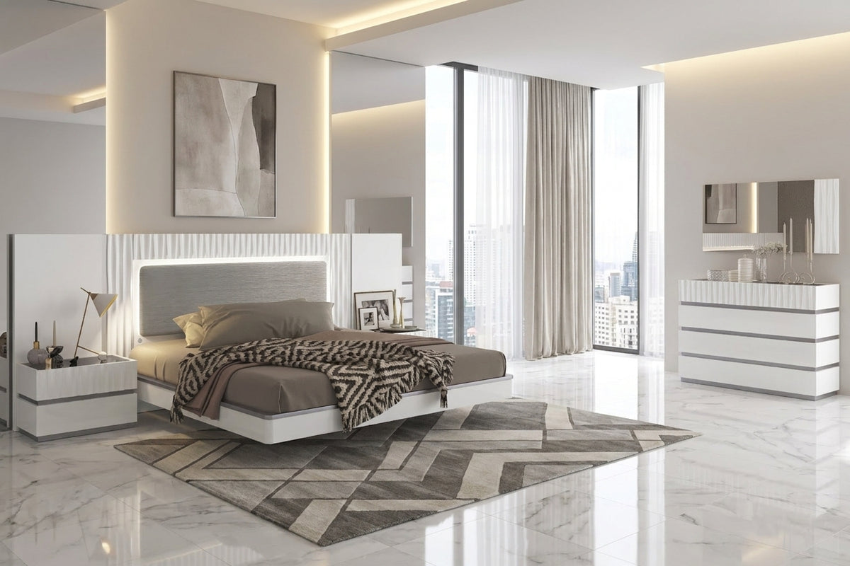 Contemporary White Platform Bedroom Set with Lighted Headboard and Mirrored Dresser