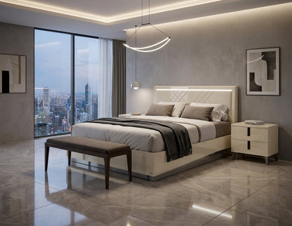 Modern Ivory High-Gloss Queen Bed with Storage Drawer and Integrated Dimmer Lighting