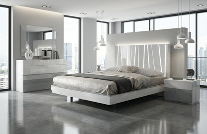 Modern White High-Gloss Queen Bedroom Set with Illuminated Headboard and Mirrored Dresser