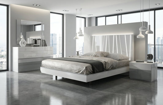 Modern White High-Gloss Queen Bedroom Set with Illuminated Headboard and Mirrored Dresser