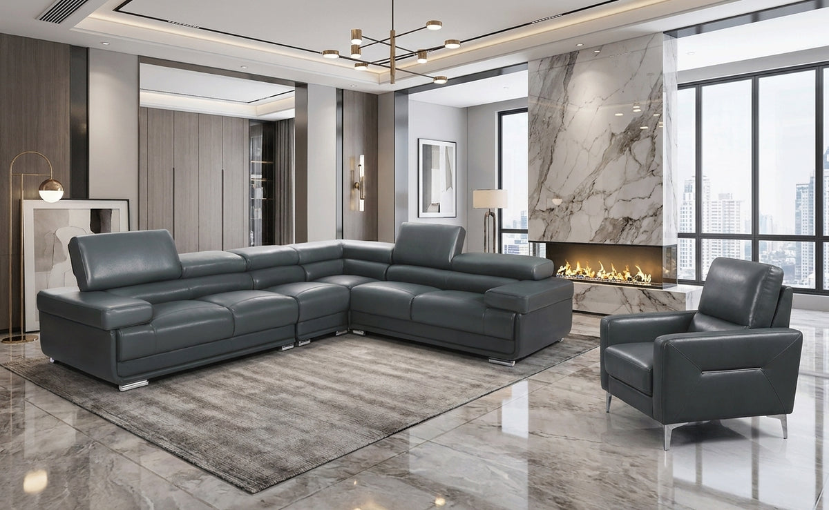 Classic Dark Grey Sectional with Adjustable Headrests and Reversible Accent Chair